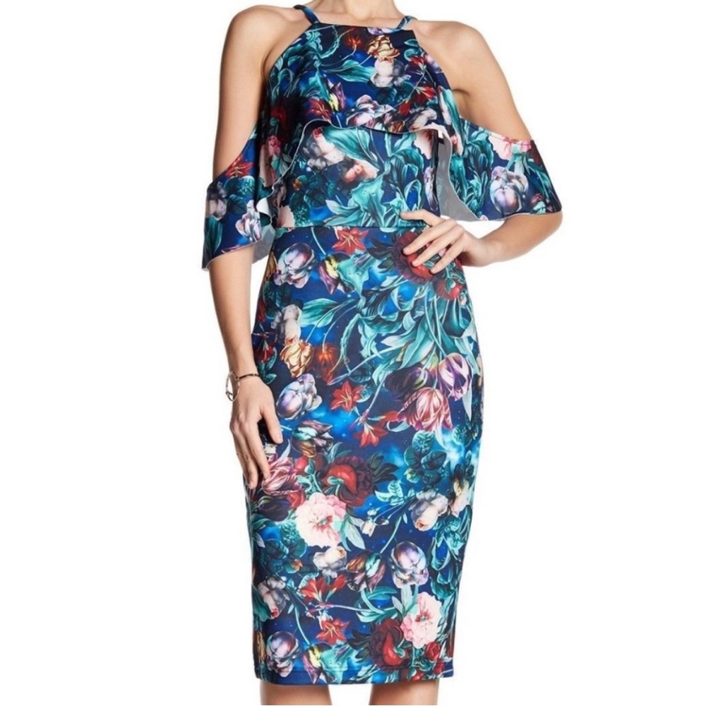 Alexia Admor Emerald Floral Sheath Cold Shoulder Halter Ruffle Scuba